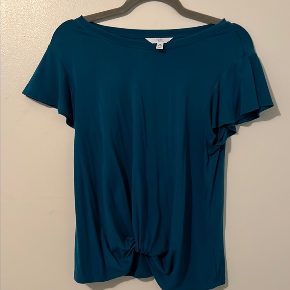 Time and Tru Teal Short Sleeve Top with Ruffle Detail